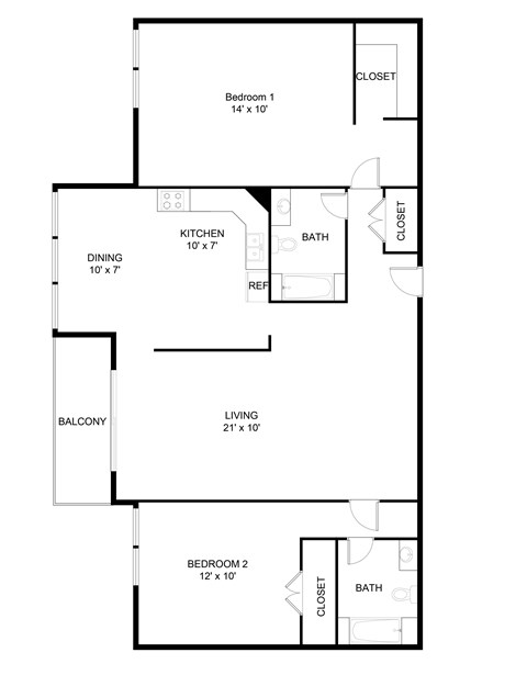 Floor plan for 2 beds, 2 baths, 996 sqft